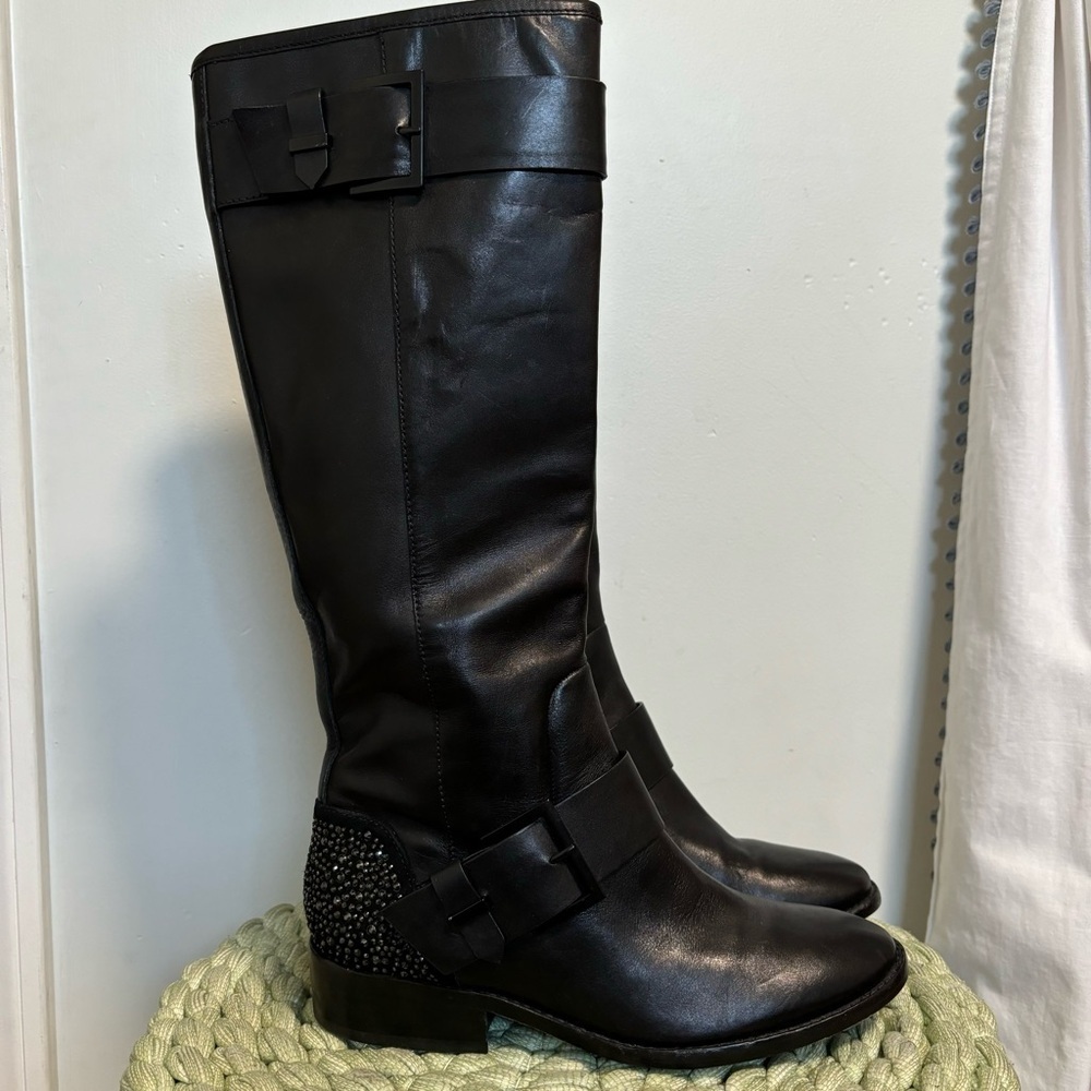 B Brian Atwood Dita Crystal Heel Black Leather Tall Moto Flat Boots
